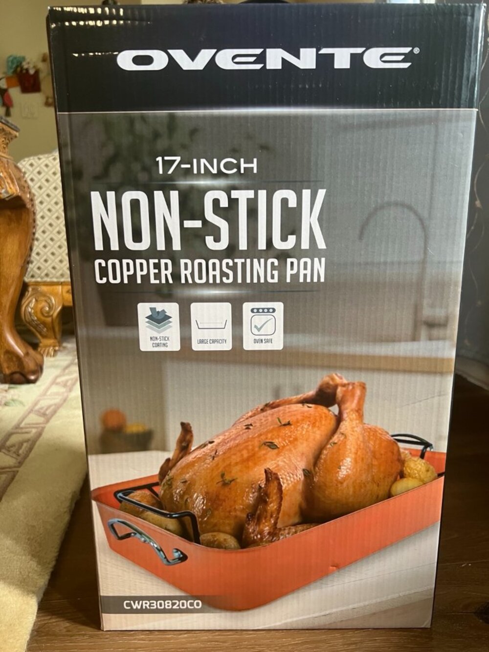 Ovente 17-Inch Non-Stick Copper Roasting Pan with Rack